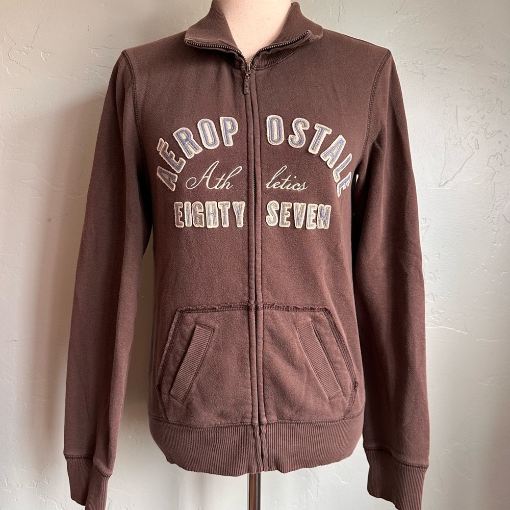 Aeropostale Y2K Preppy Chocolate Brown Embroidered Zip-Up Sweatshirt Jacket‎ Med